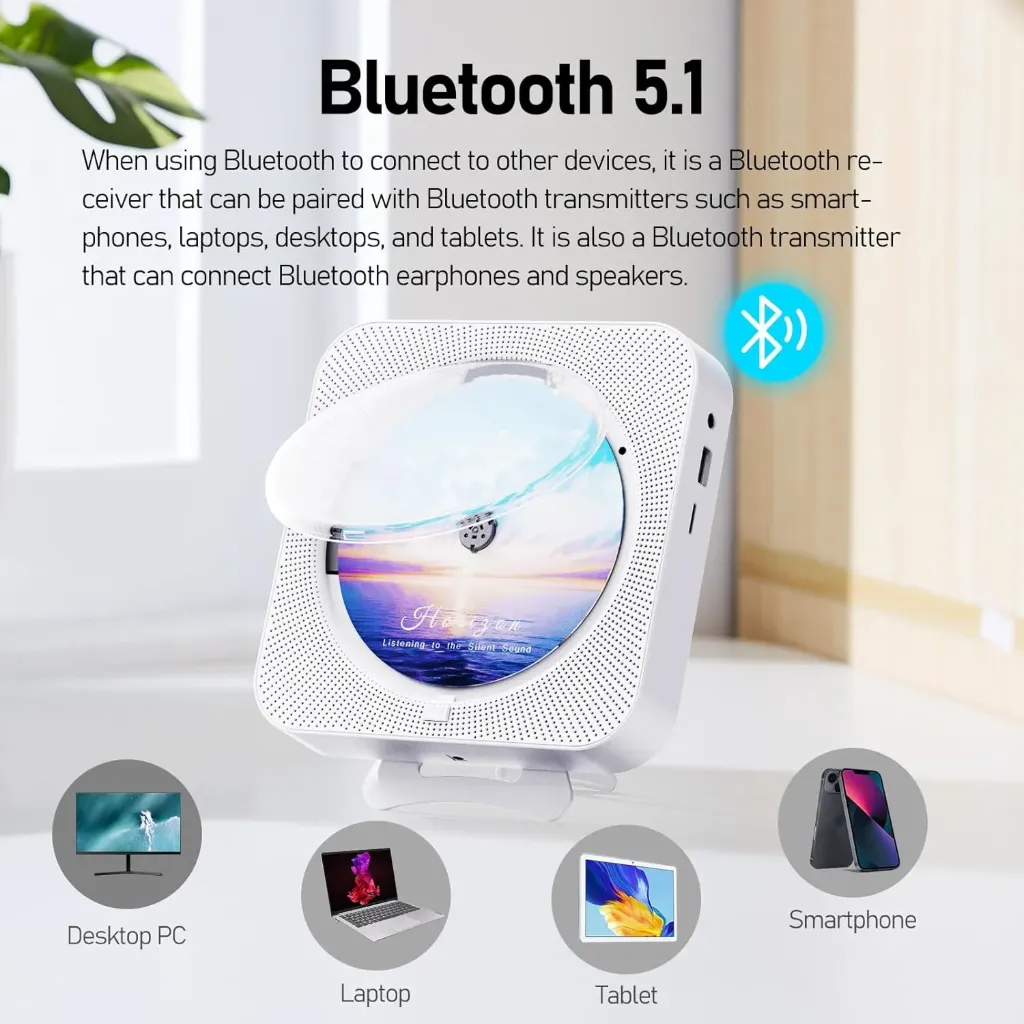 [ProdElec050] MICOCIOUS Bluetooth Portable Home CD Music Player with Remote Control, Timer, Built-in Speakers and LED Display - FM Radio Boombox (White)