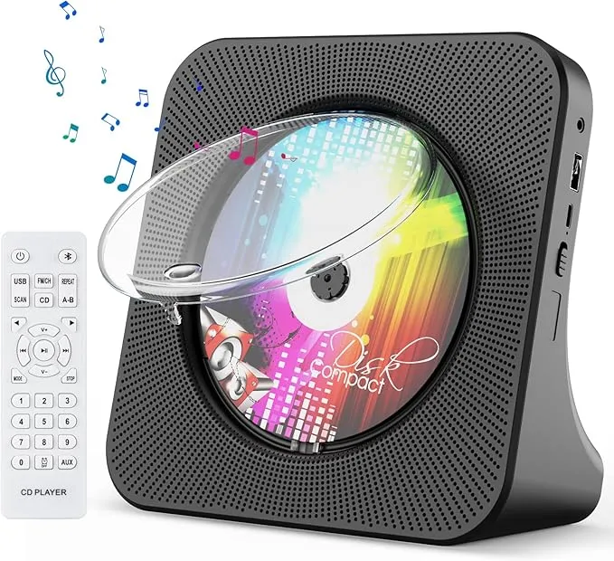Gueray Reproductor de CD portátil, reproductor de CD Kpop Bluetooth para escritorio con altavoz de sonido de alta fidelidad, radio FM, reproductor de música de CD para el hogar con control remoto